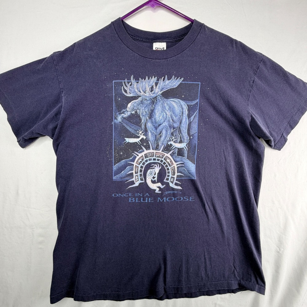Polar Graphics Once in a Blue Moose T-Shirt Large Navy Kokopelli Graphic Tee